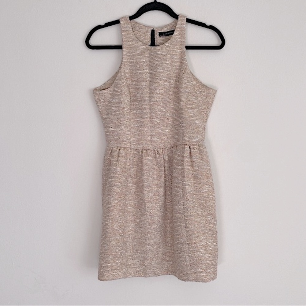 ZARA TWEED TEXTURED FIT FLARE MINI DRESS SLEEVELESS COTTON METALLIC Gold Cream M